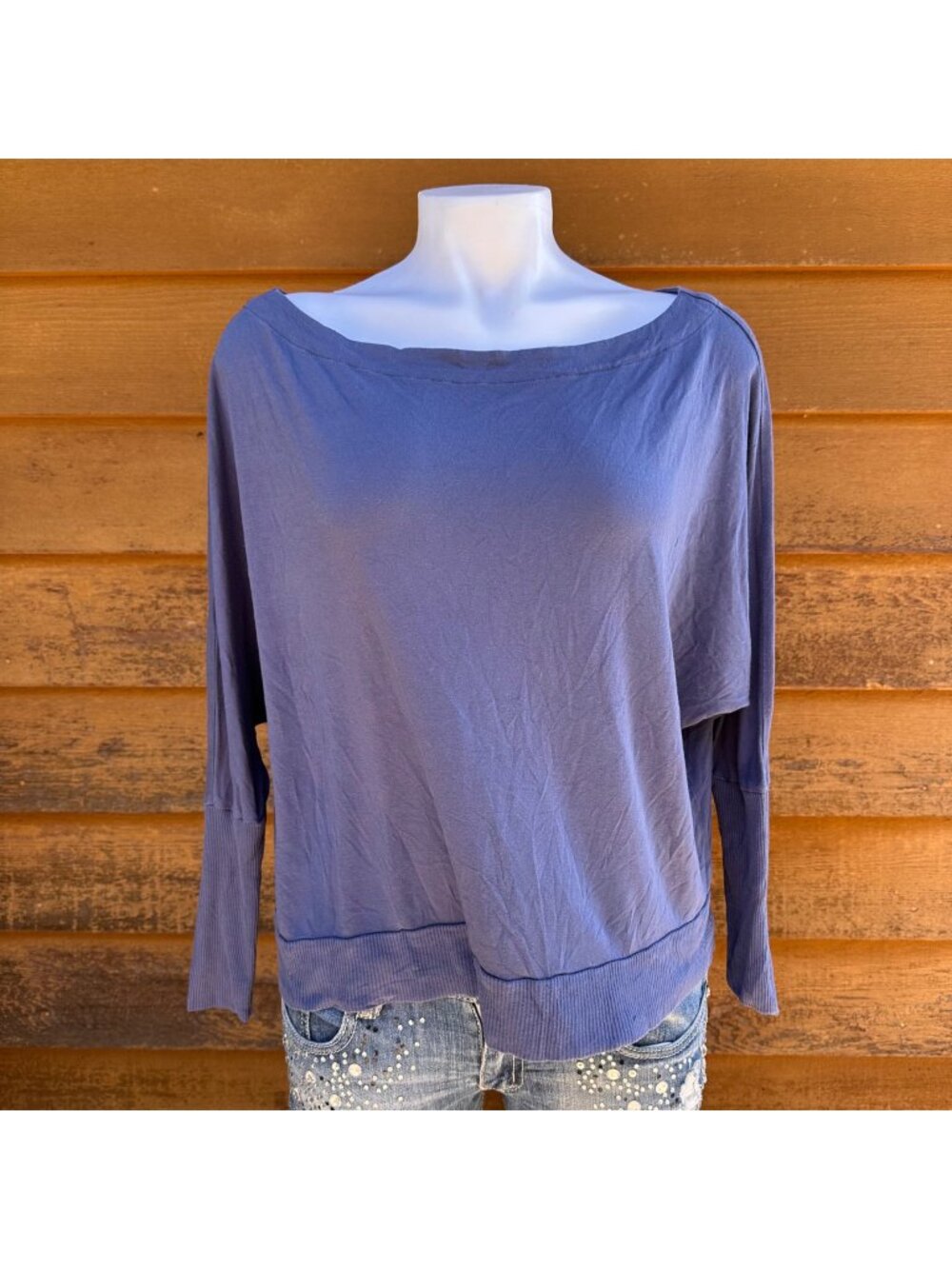 Moda International Womens Blue Boatneck Long Sleeve Lightweight Top Size S